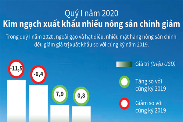 [Infographic] Quý I/2020, kim ngạch xuất khẩu nhiều nông sản chính giảm